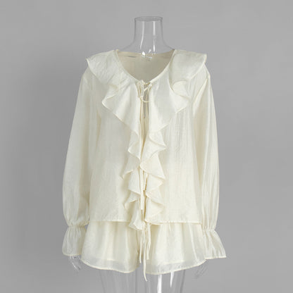 French V-Neck Ruffle Sleeve Shirt and Shorts Set