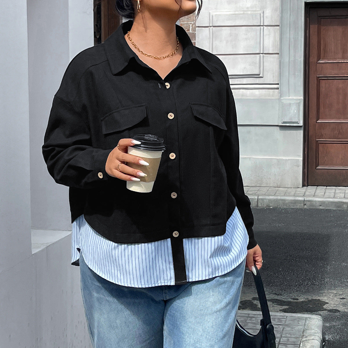 Plus Size Striped Patchwork Short Coat for Women