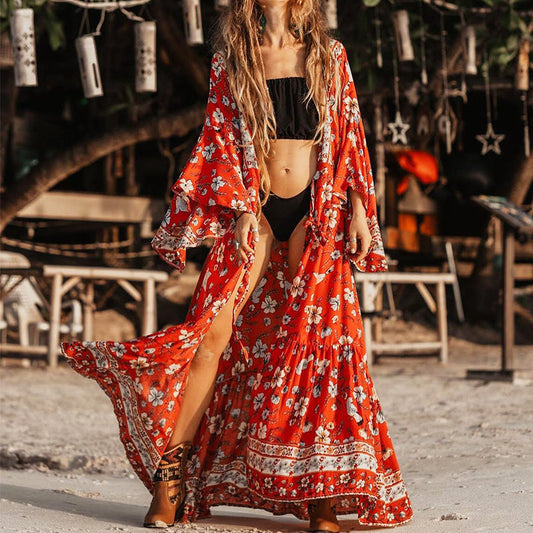 New Women'S Sexy Long Sleeve Mid Length Boho Print Dress