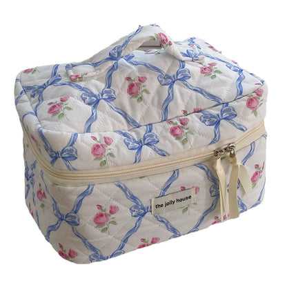 Bow Flower Large Capacity Makeup Bag Vintage Quilted Toiletry Pouch