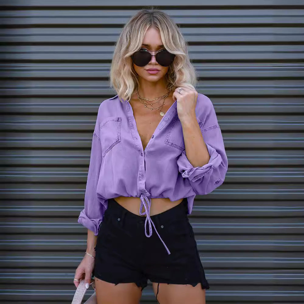Women's Denim Button-Up Shirt with Pockets