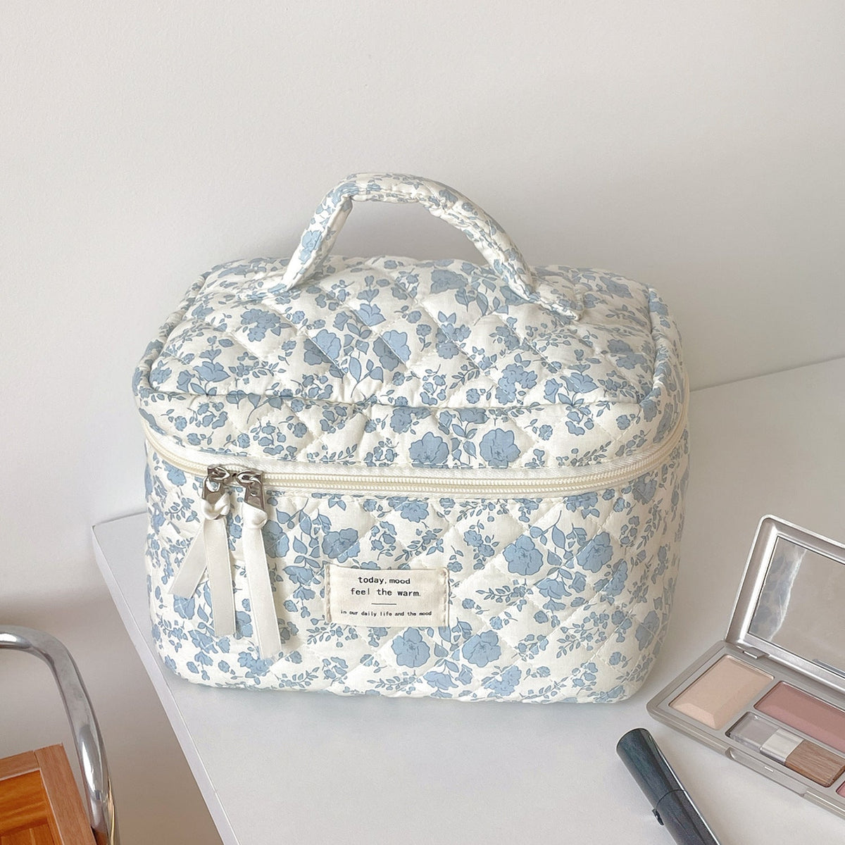 Blue Flower Cosmetic Bag Vintage Travel Toiletry Organizer