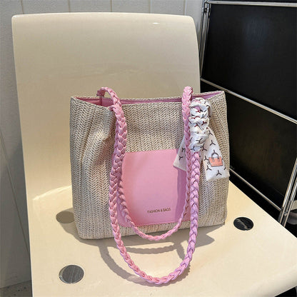 Woven Straw Tote Bag Stylish Casual Large Capacity Shoulder Bag