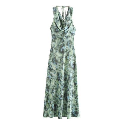 Elegant Flower Printed Cowl Neck Maxi Dress