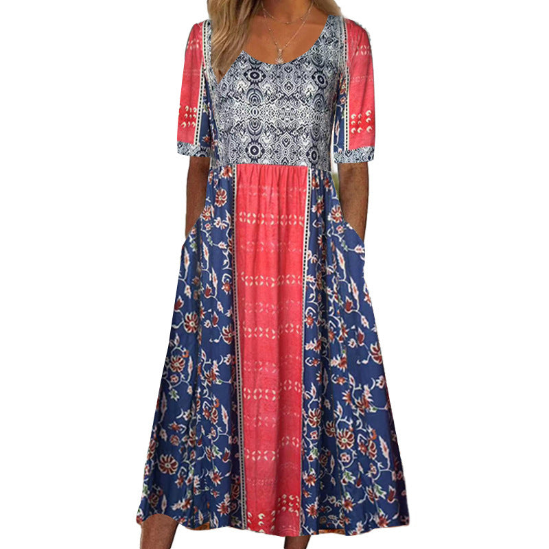 Summer New Women'S Round Neck Short Sleeve Long Skirt Bohemian Print Dress