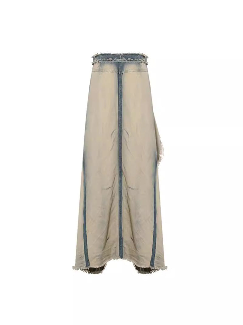 Distressed Wash Denim Split Midi Skirt Trendy Street Style