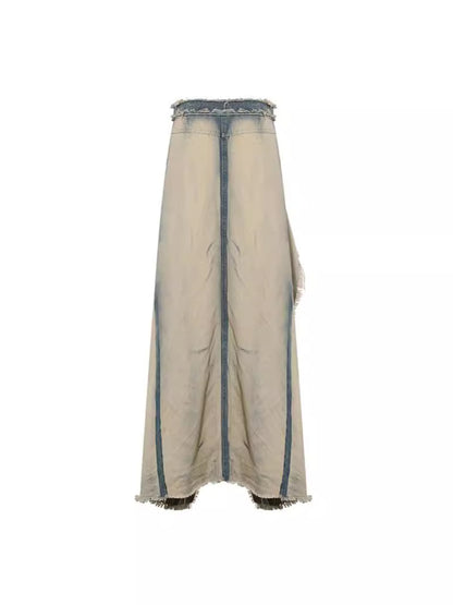 Distressed Wash Denim Split Midi Skirt Trendy Street Style