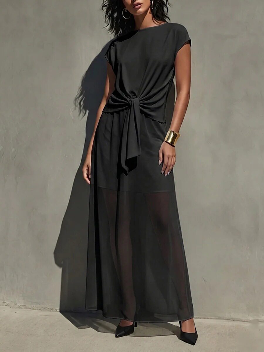 Elegant White Twist-Front Semi-Sheer Maxi Dress