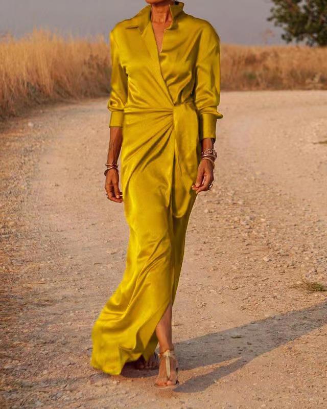 Women'S Tie-Up High-Rise Split Mop Dress With Long Sleeves And Lapels Sexy Dress