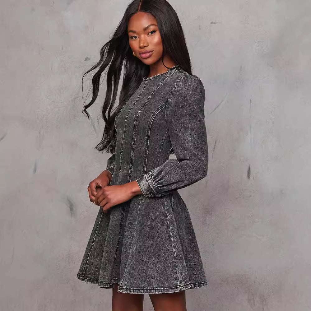 Elegant Denim Long Sleeve Dress with Waist Tie