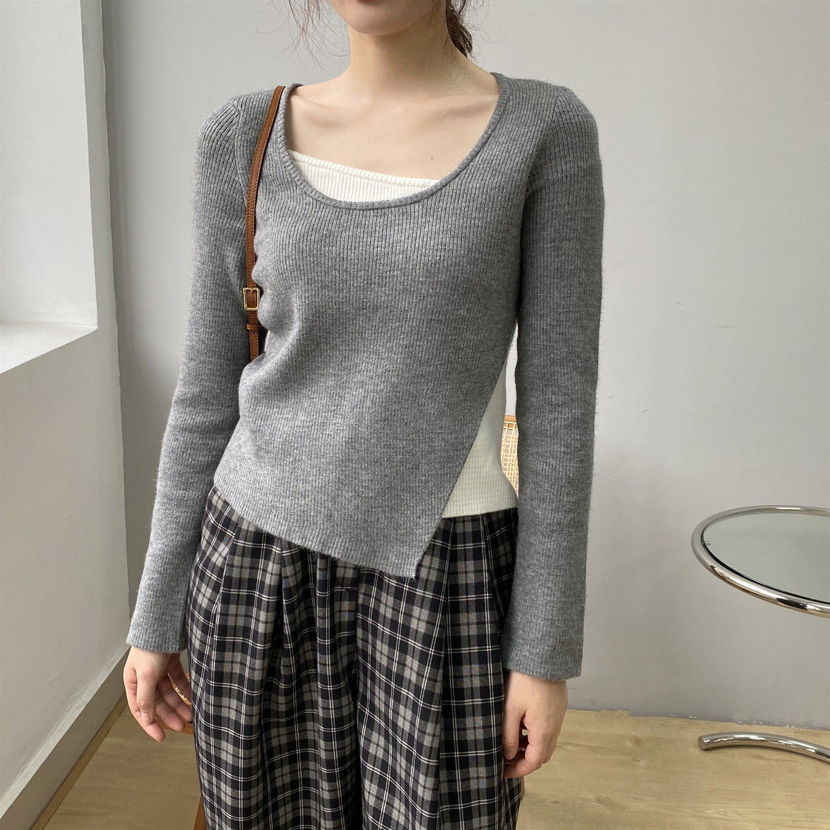 2 in 1 Color-Block Asymmetric Ribbed Knit Top