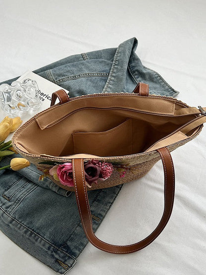 Women's Floral-Sunshine Shoulder Bag Trendy Straw Tote