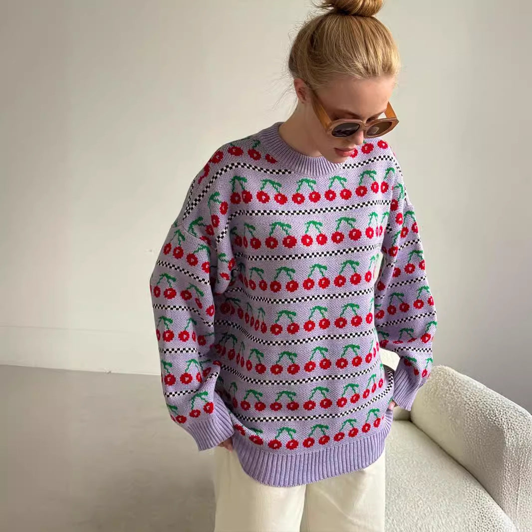 Cherry Print Contrast Color Sweater