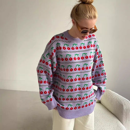 Cherry Print Contrast Color Sweater