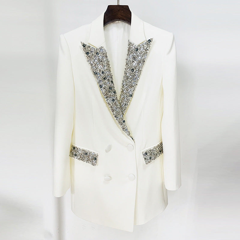 Elegant Tailored Long Blazer With Beaded Embellishments