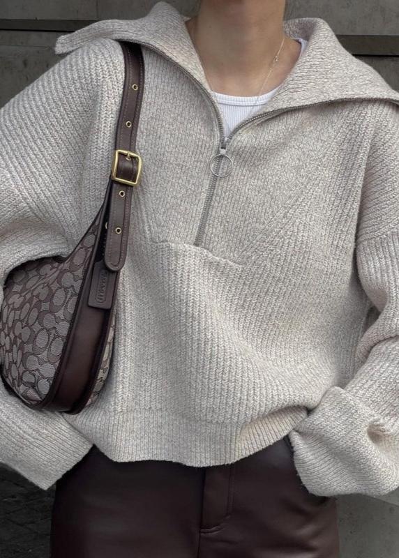 Ribbed Knit Half Zip Sweater With Oversized Collar
