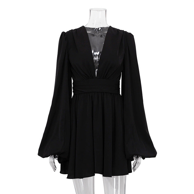 French Puff Sleeve V-Neck Mini Dress