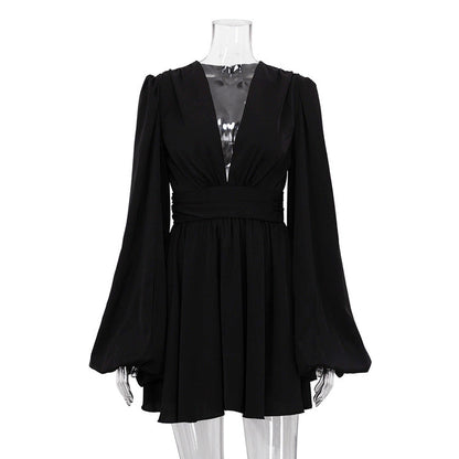 French Puff Sleeve V-Neck Mini Dress
