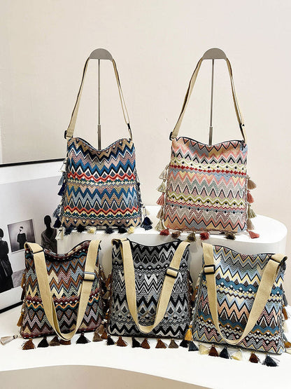 Boho Style Shoulder Bag with Fringe - Canvas Tote