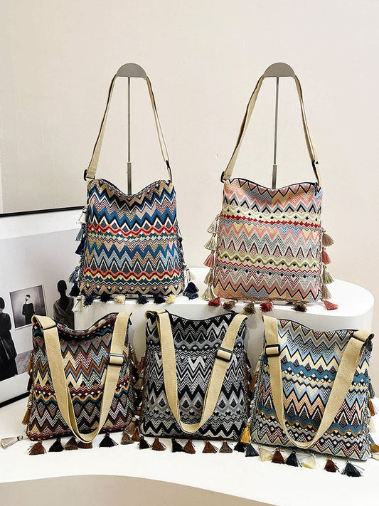 Boho Style Shoulder Bag with Fringe - Canvas Tote