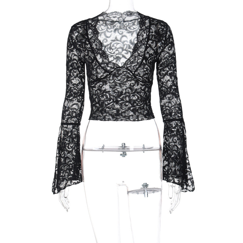 Sexy Deep V Lace Crop Top with Long Sleeves