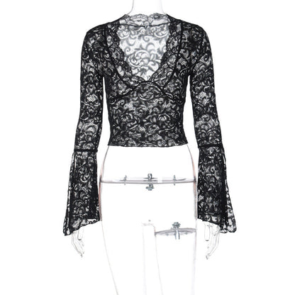 Sexy Deep V Lace Crop Top with Long Sleeves