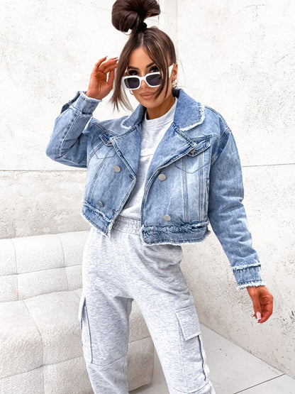 Loose Fit Denim Jacket with Suit Collar for Women