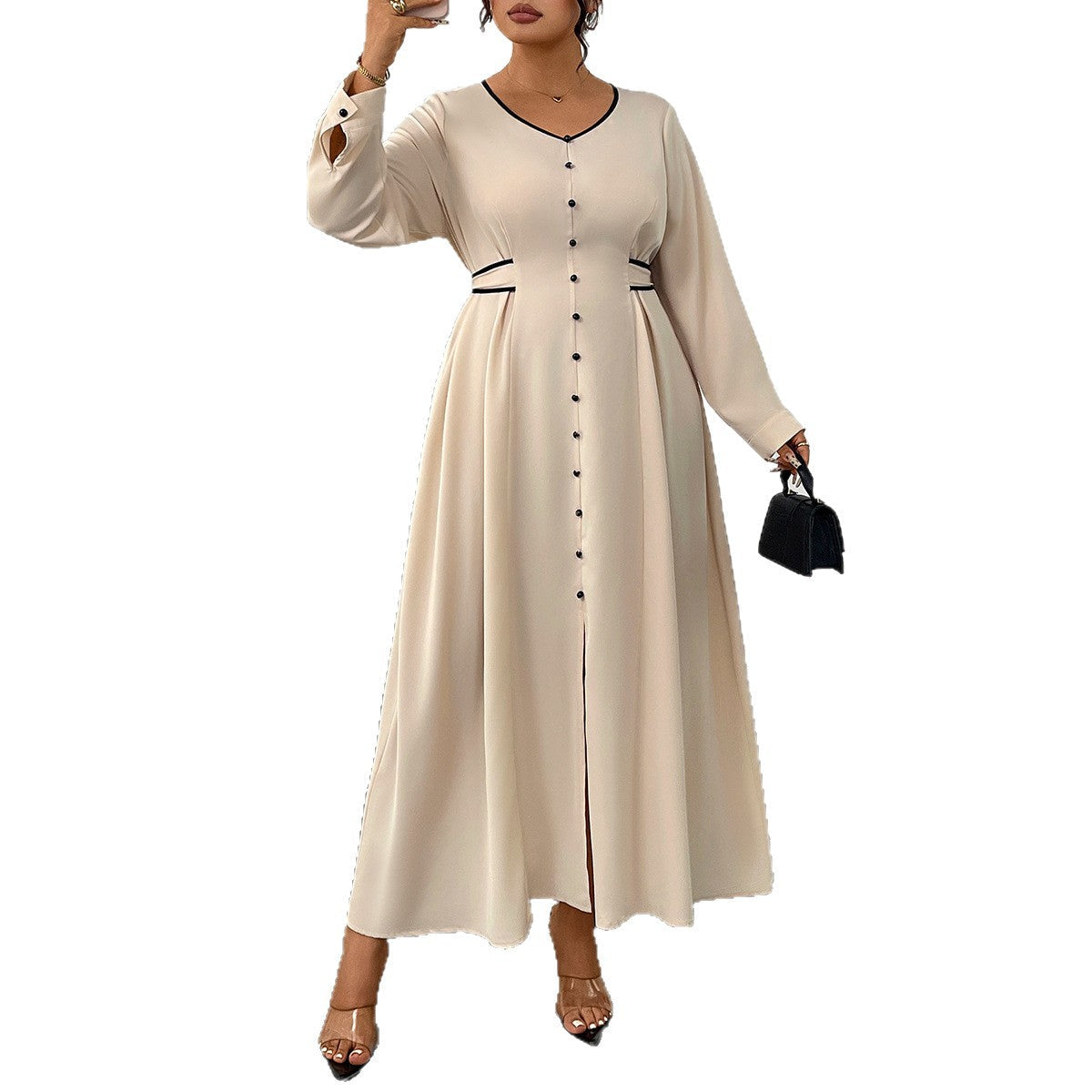 Plus Size Waist-Defining Long Sleeve Dress