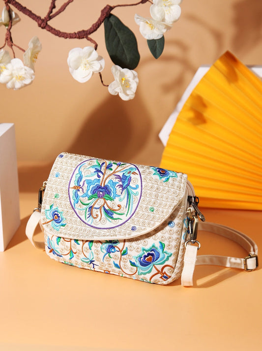 Colorful Cloud Impression Red And Blue Embroidery Versatile Canvas Flap Mobile Phone Crossbody Bag For Women
