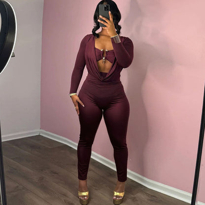 New Sexy Solid Color Jumpsuit With Wrap Neckline And Fitted Waist
