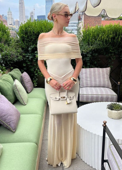Sheer Mesh Off Shoulder Gown With Ruched Detailing