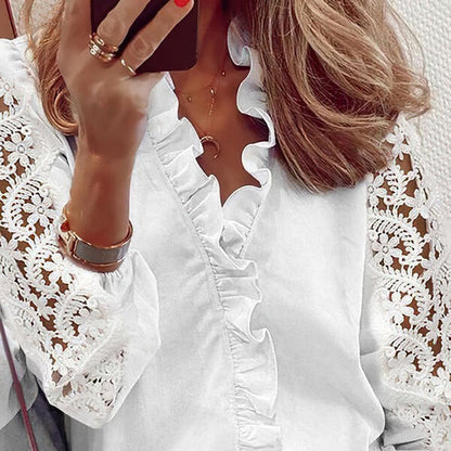 White Lace Long Sleeve Shirt Trendy Office Wear