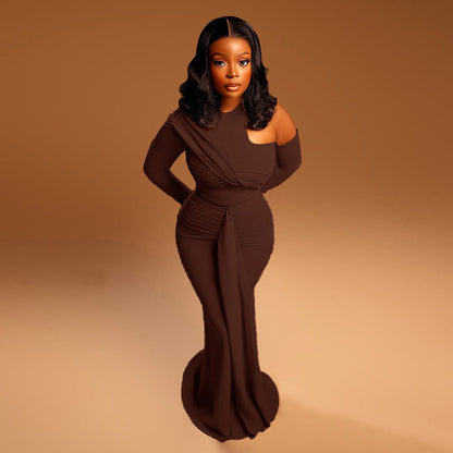 Elegant One-Shoulder Ruched Bodycon Dress In Solid Colors