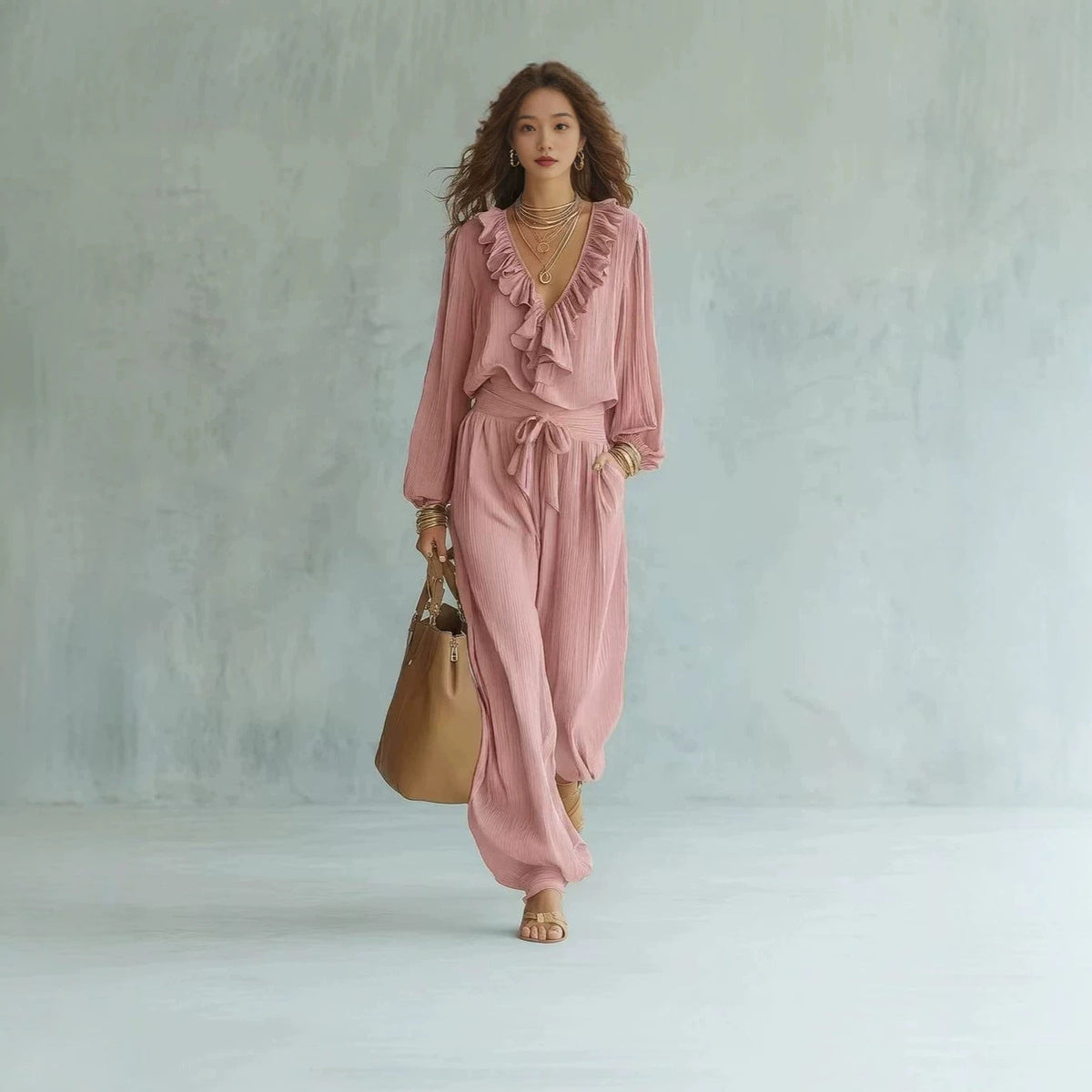 Ruffle V-Neck Long Sleeve Top & Tie Waist Wide Leg Pants Two Piece Set