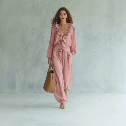 Ruffle V-Neck Long Sleeve Top & Tie Waist Wide Leg Pants Two Piece Set