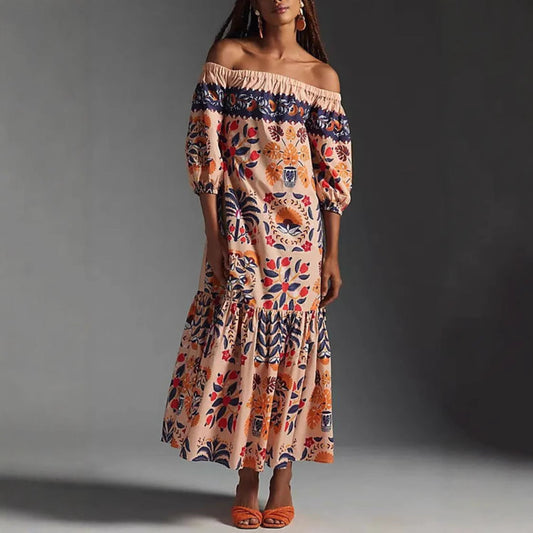 Retro Floral Off-Shoulder Pocket Maxi Dress for Women