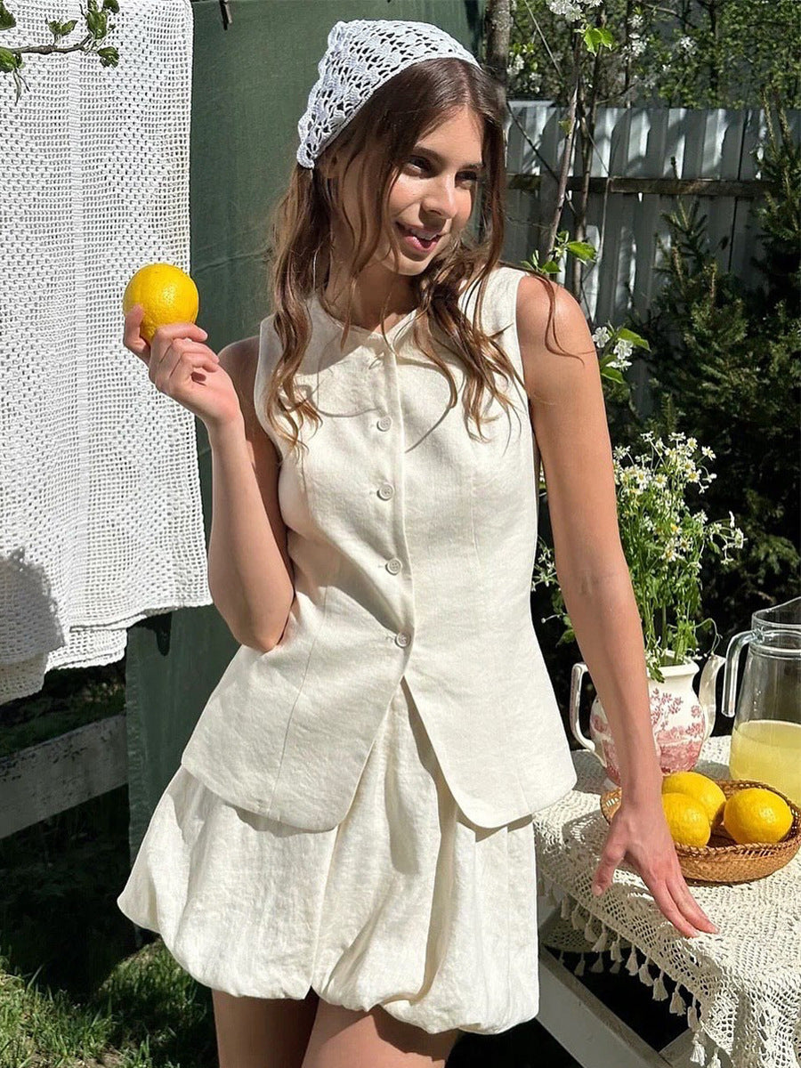 Chic Vest and Skirt Set Elegant Casual Cotton Outfit