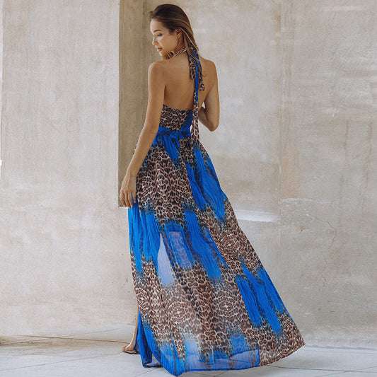 Sexy Leopard Print Backless Dress Chiffon Pendulum Bohemian Long Dress
