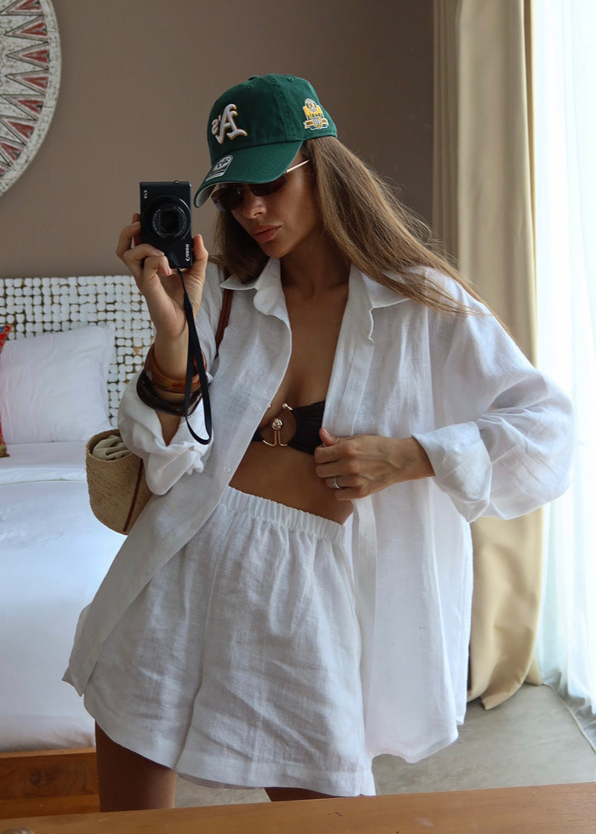 White Linen Shirt And Shorts Set Lightweight