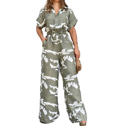 Summer Women'S Wear Fashion Polo Print Button Lace Up Jumpsuit