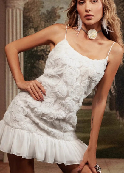 Floral Appliqué Ruffle Mini Dress White