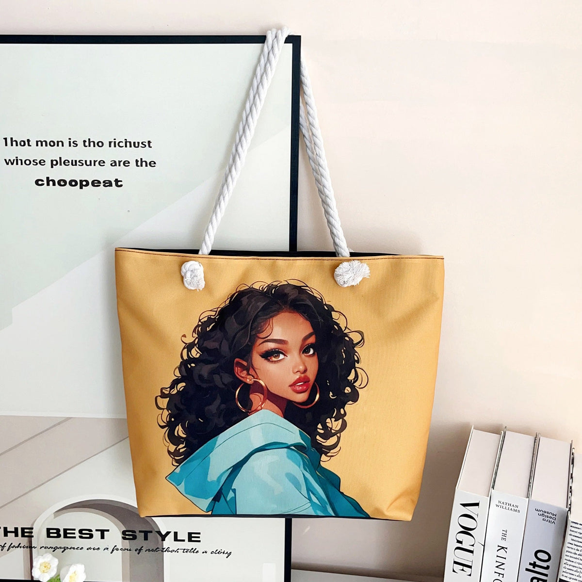 Trendy Cartoon Print Shoulder Tote Bag Durable Oxford Cloth Bag