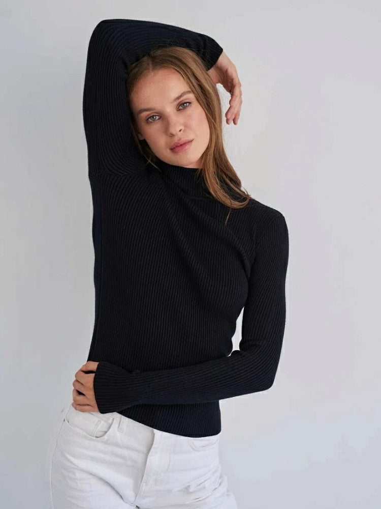 Solid Color High Neck Sweater Slim Fit Knitted Top