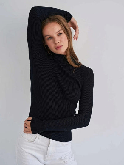 Solid Color High Neck Sweater Slim Fit Knitted Top