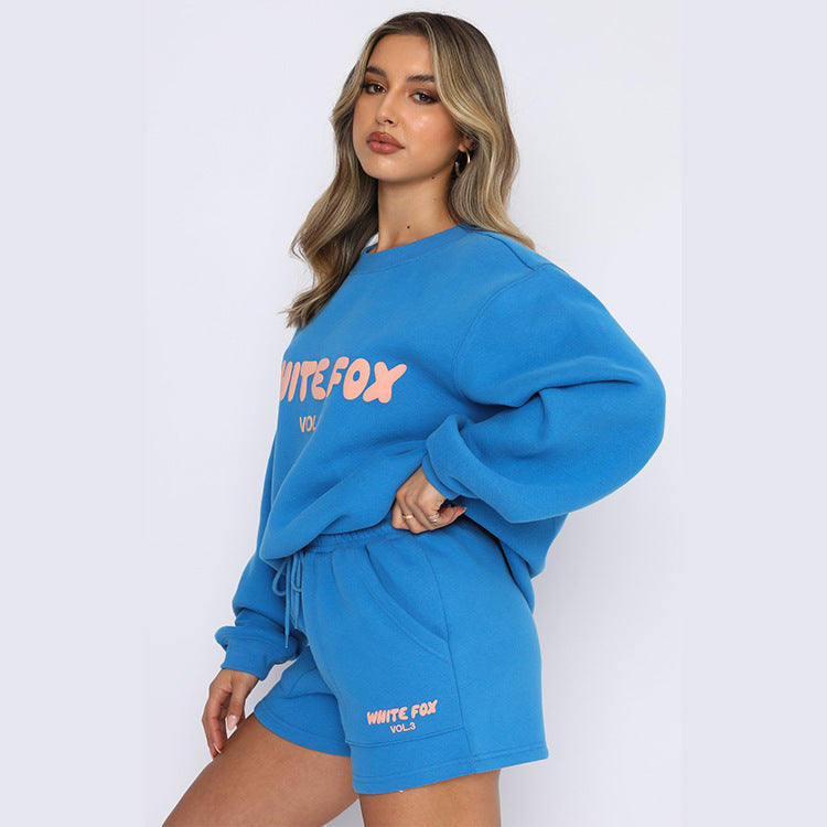 Letter Print Loose Sweatshirt Short Casual Set