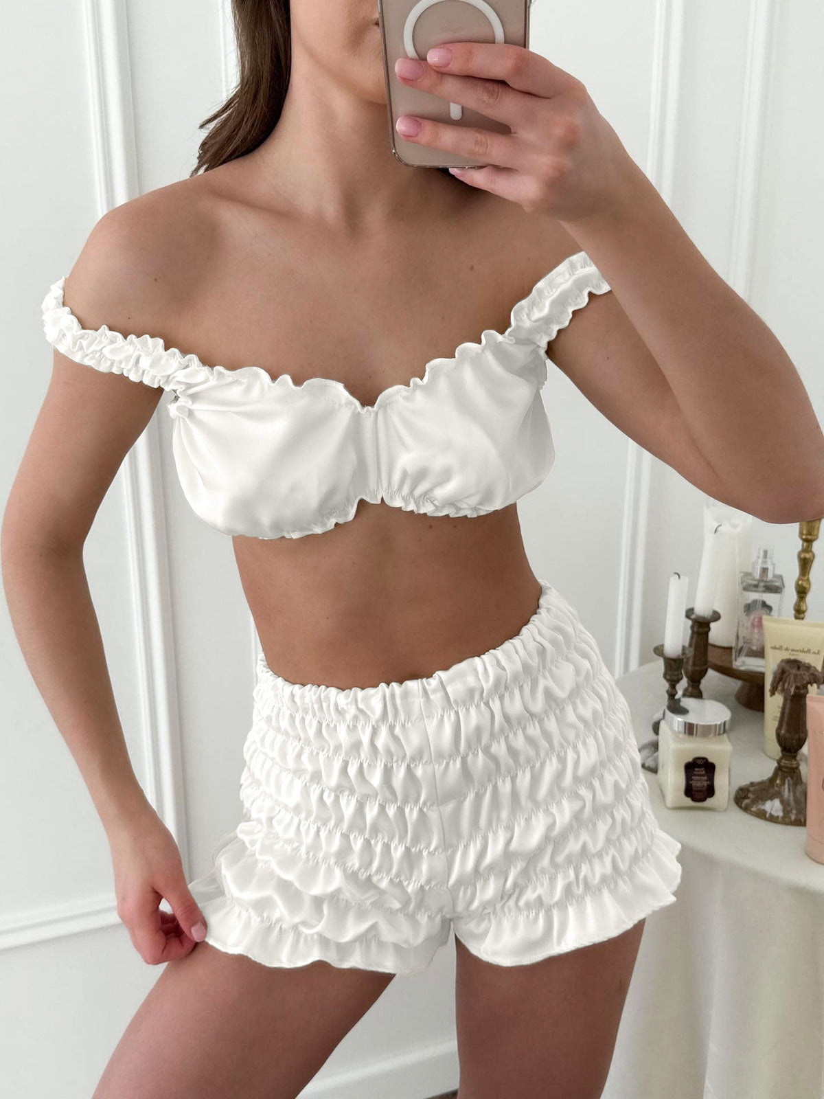 3 Pcs Sexy Satin V-Neck Pleated Pajamas Set