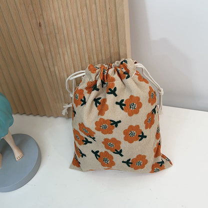 Mini Drawstring Corduroy Canvas Bag Portable Floral Storage Pouch