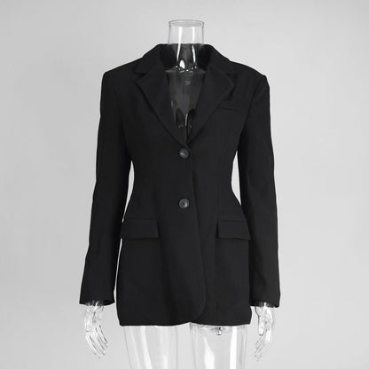 Tailored Women's Blazer with V-Neck and Waist-Cinching Design