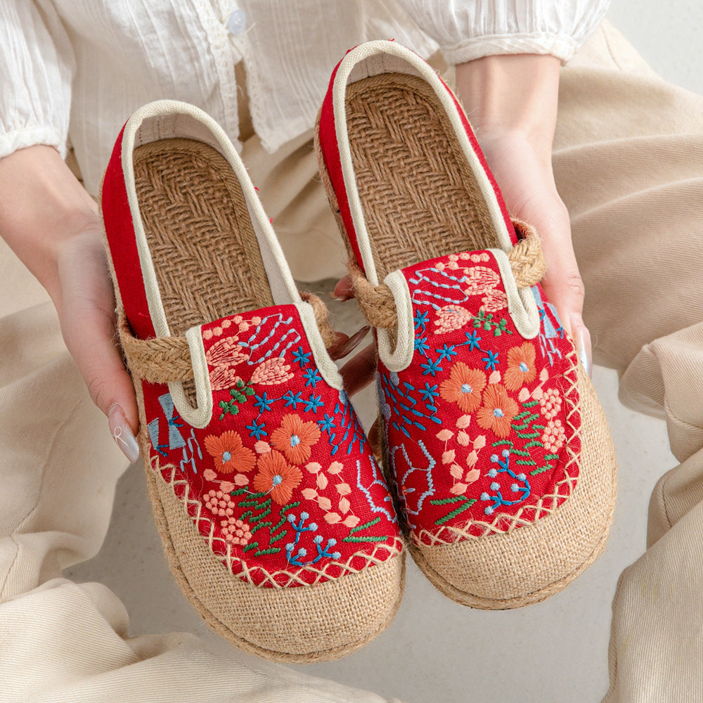 New Ethnic Style Flower Sea Embroidery Shallow Mouth Single Shoes, Original Craftsmanship Casual One-Pedal Women'S Shoes