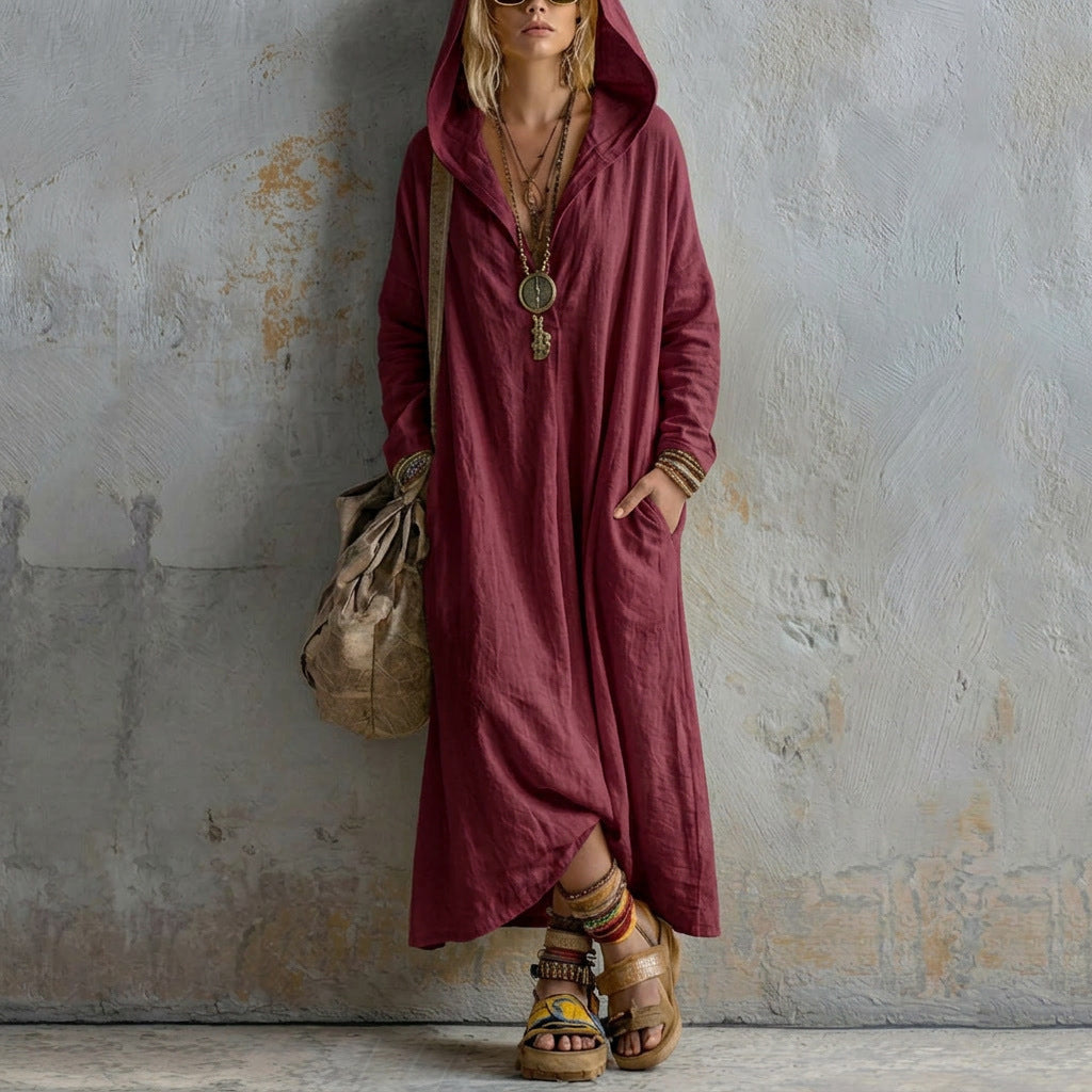 Soft Linen Hooded Maxi Kaftan Dress | Loose Boho Long Sleeve Cover Up